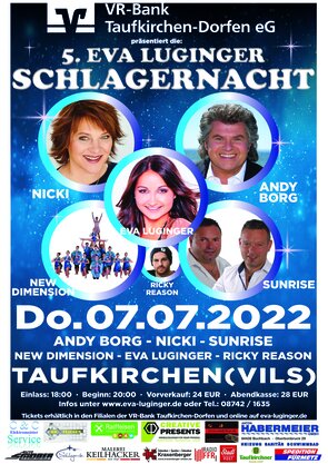 Schlagernacht-Plakat mit Eva Luginger, Andy Borg, Nicki und weiteren am 7.7.22