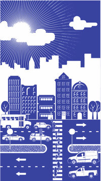 Weiß-blaues Cartoon-Bild einer Stadt mit Verkehr