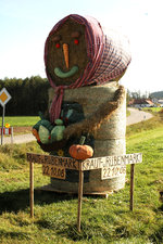 Woman of hay bales with herbs and beets on her arm